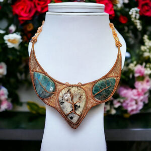 Natural Rainbow Moonstone bib necklace heady copper wire wrap choker Apatite le